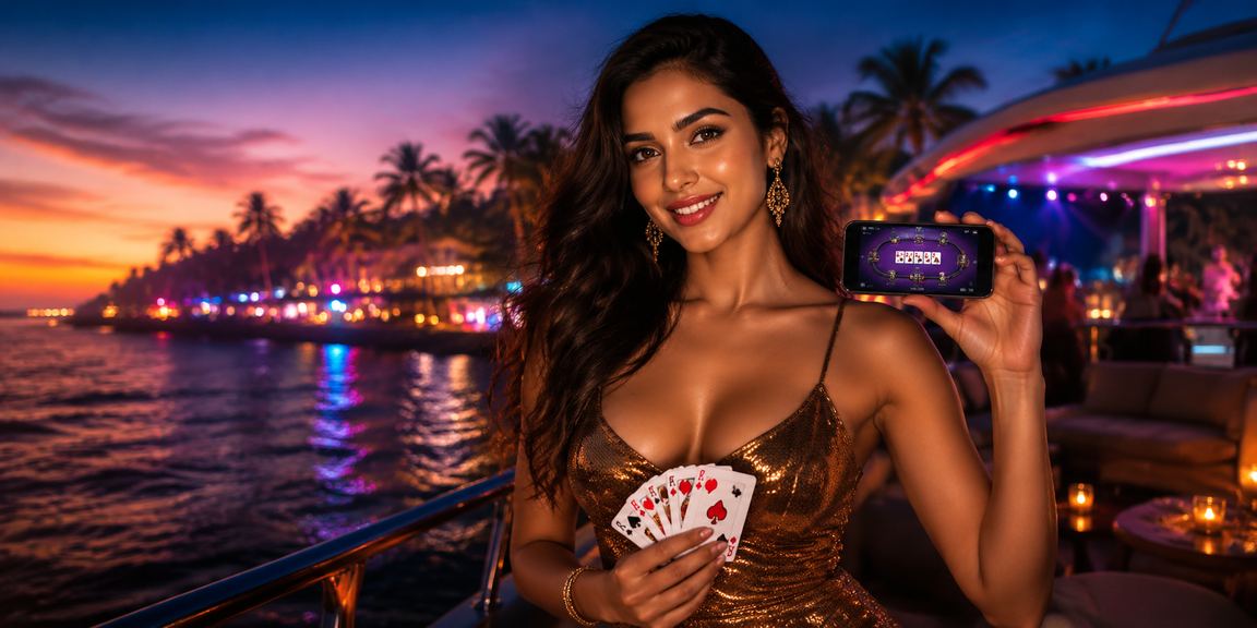 Scenic view of Goa beach with poker and Bollywood entertainment theme