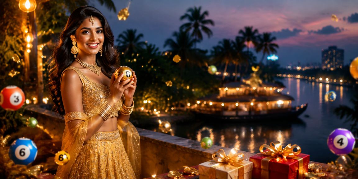 Woman in traditional lehenga playing online lottery on mobile in Kerala backwaters